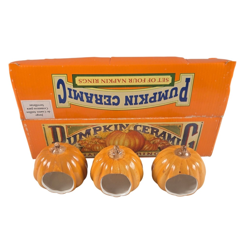 Vintage Ceramic Pumpkin Napkin Rings Set of 3 Thanksgiving Fall Decor w/ Box